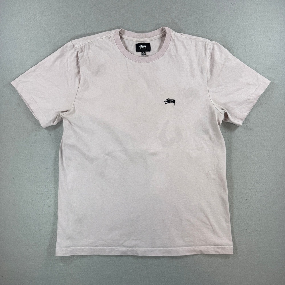 Stussy T-Shirt Mens Medium Pink Embroidered Crew Neck Graphic Tee SS Skater